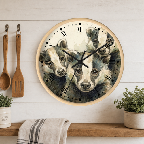 Round wall clock with a light wood frame featuring an artistic print of badgers on the face, mounted on a white wood paneled wall above a wooden shelf with kitchen utensils and plants.