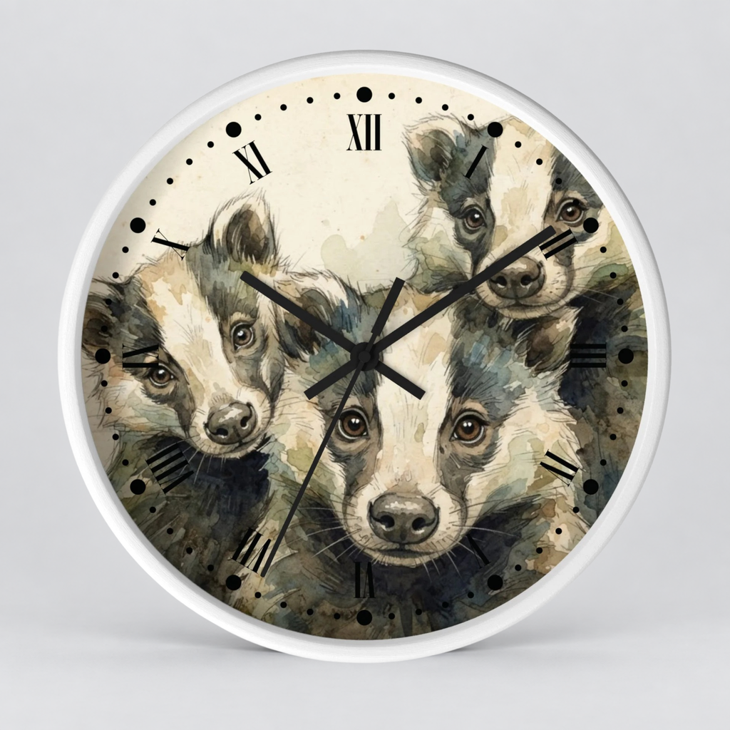 Round wall clock with a white frame and a watercolor-style face featuring three badger faces around Roman numeral hour markers, shown on a light gray background.