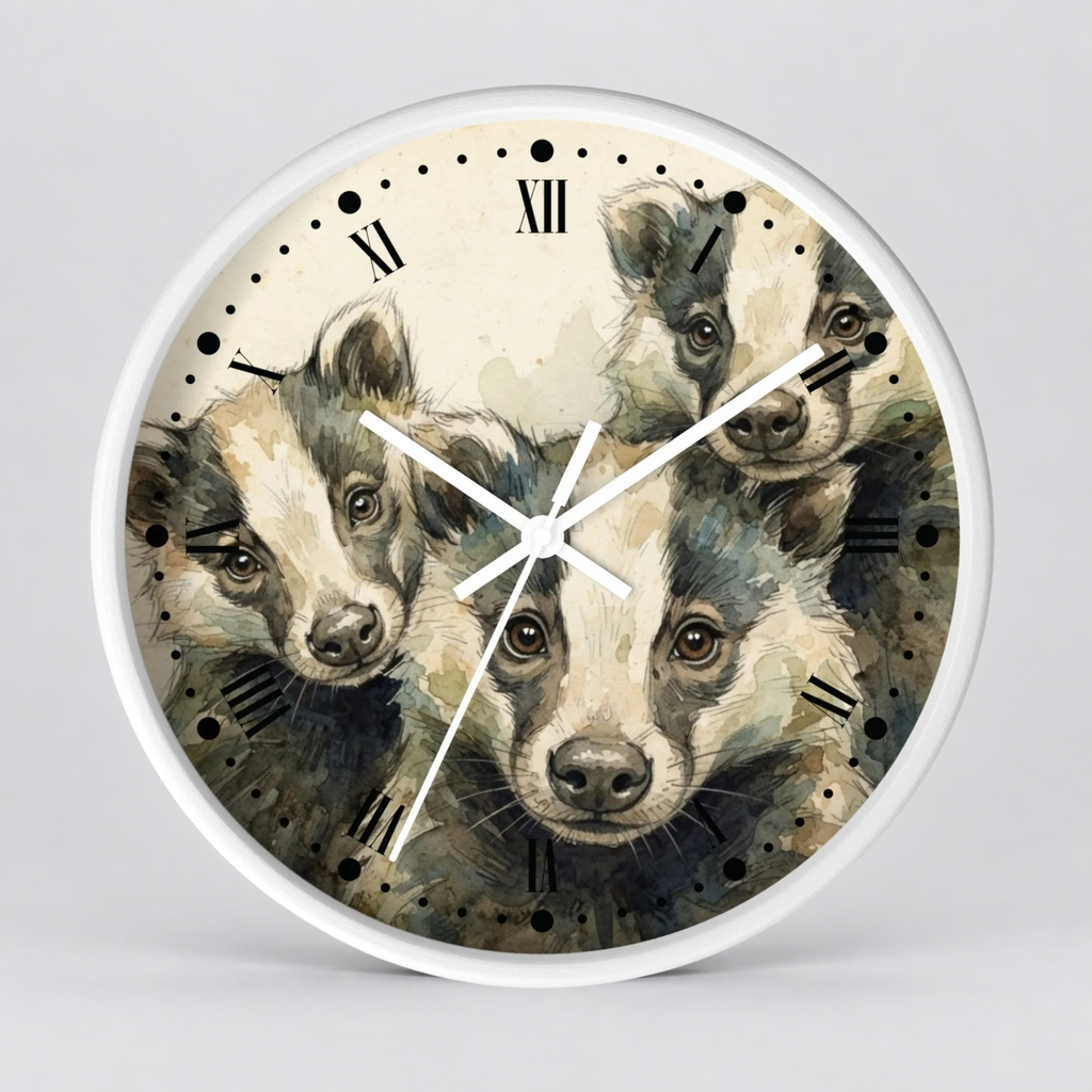 Round wall clock with a white frame and a printed face showing threer badgers in a watercolor style, with black Roman numerals and white clock hands on a light gray background.