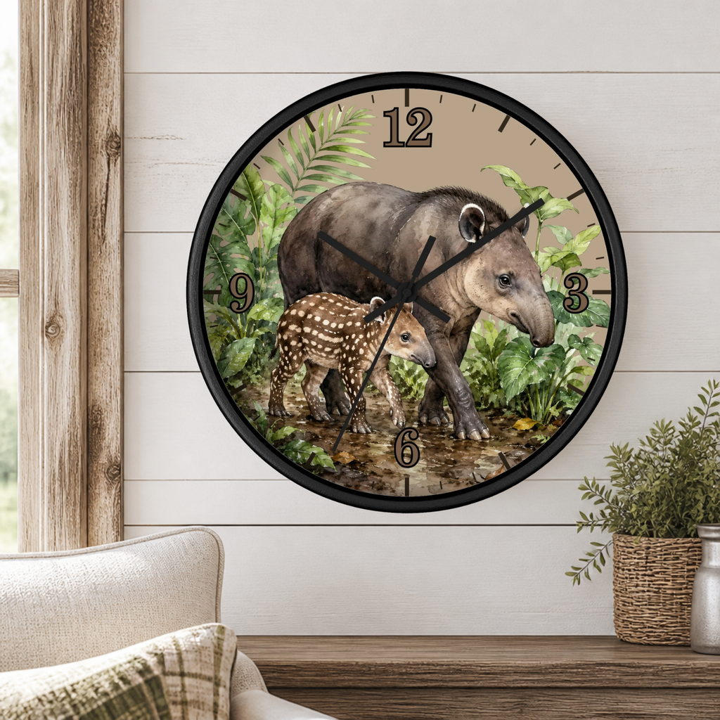 Baird's Tapir Family Wall Clock — Tropical Watercolor Jungle Nursery Decor