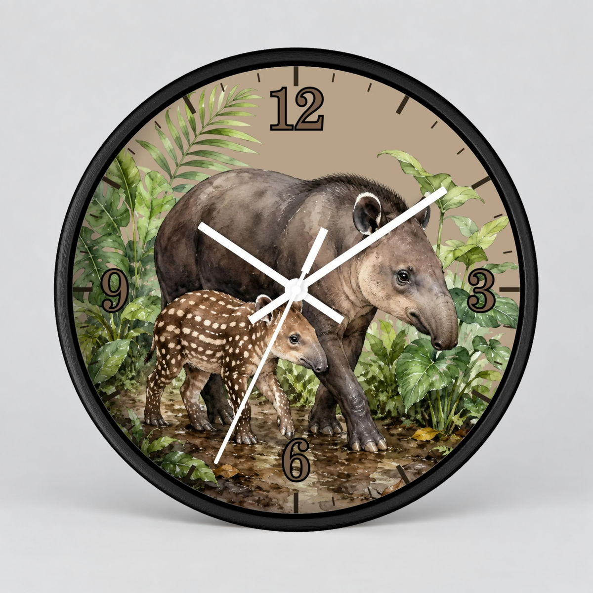 Baird's Tapir Family Wall Clock — Tropical Watercolor Jungle Nursery Decor
