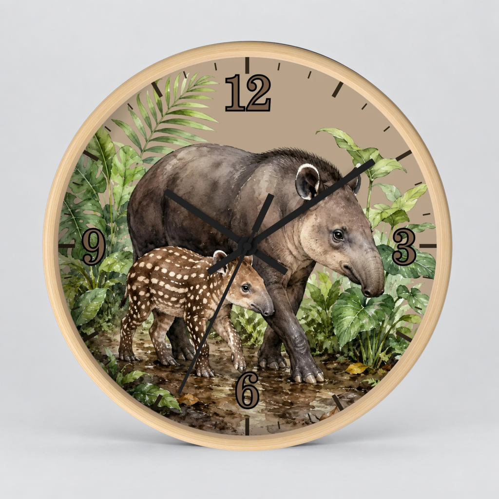 Baird's Tapir Family Wall Clock — Tropical Watercolor Jungle Nursery Decor