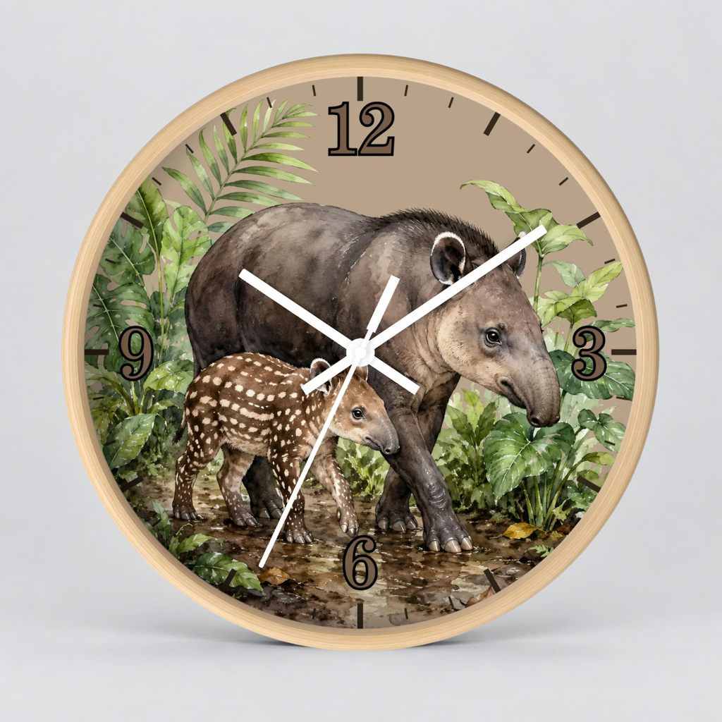 Baird's Tapir Family Wall Clock — Tropical Watercolor Jungle Nursery Decor