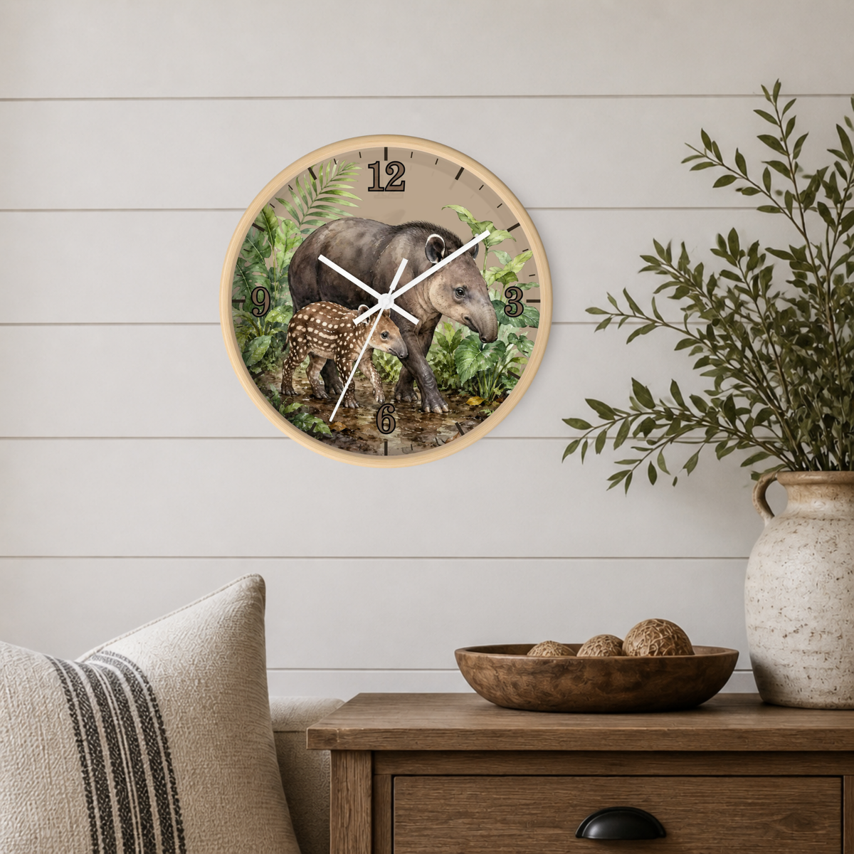 Baird's Tapir Family Wall Clock — Tropical Watercolor Jungle Nursery Decor