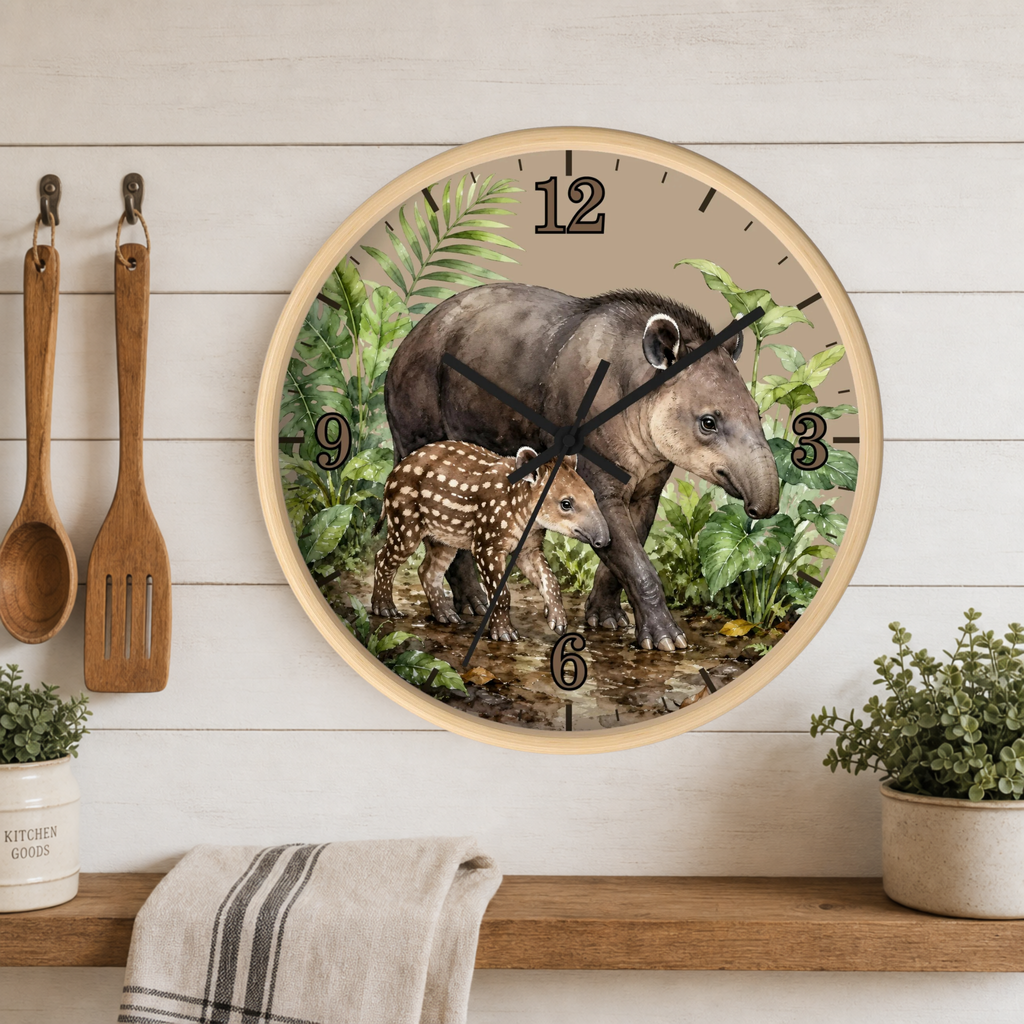 Baird's Tapir Family Wall Clock — Tropical Watercolor Jungle Nursery Decor