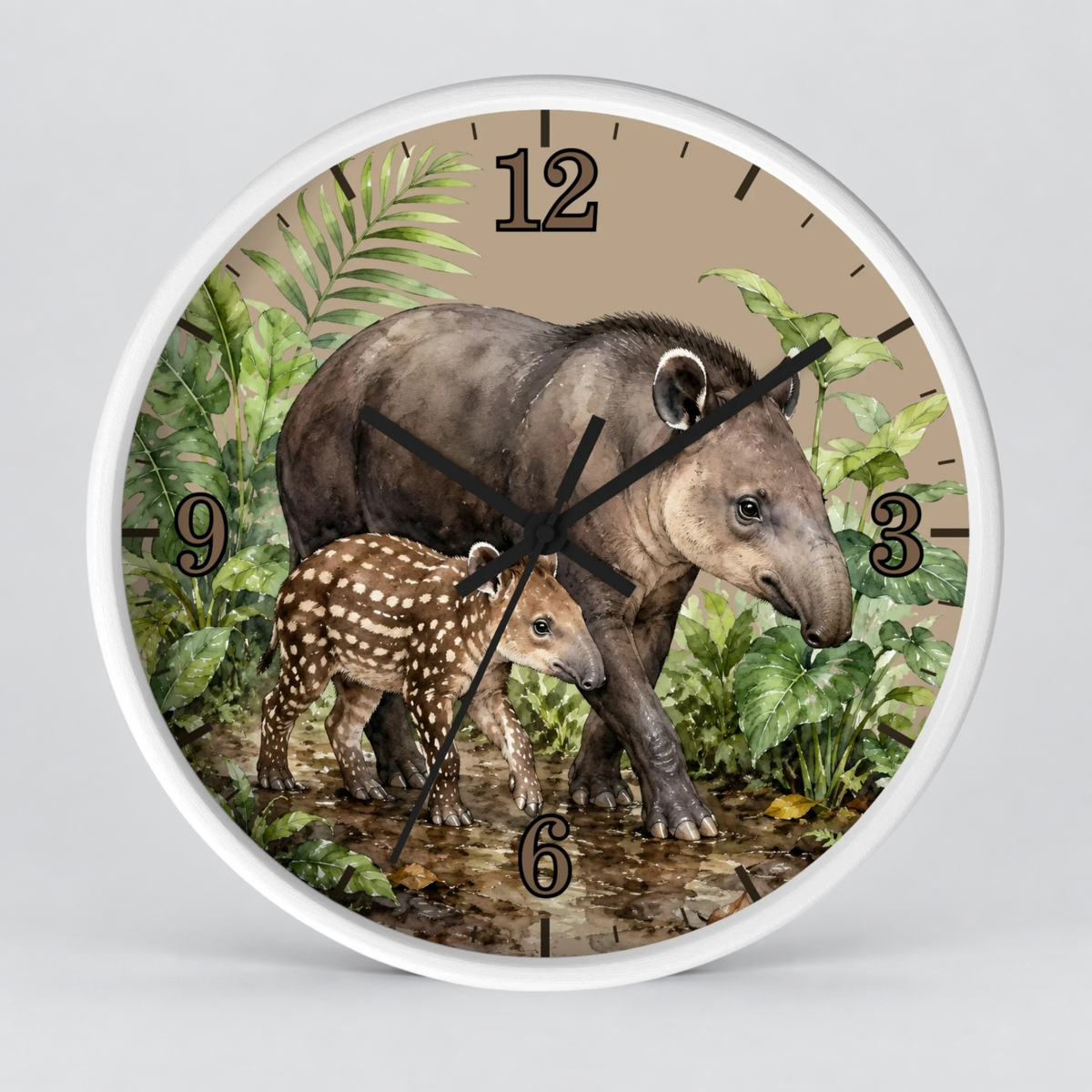 Baird's Tapir Family Wall Clock — Tropical Watercolor Jungle Nursery Decor