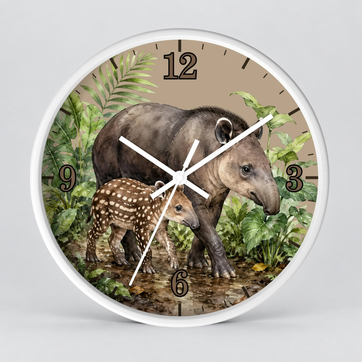 Baird's Tapir Family Wall Clock — Tropical Watercolor Jungle Nursery Decor