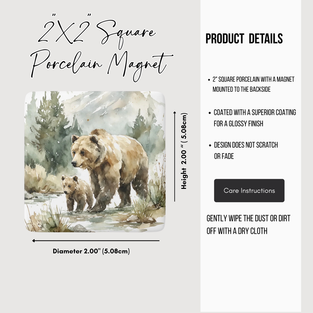 2x2 square porcelain magnet with bear design and product details on a white background