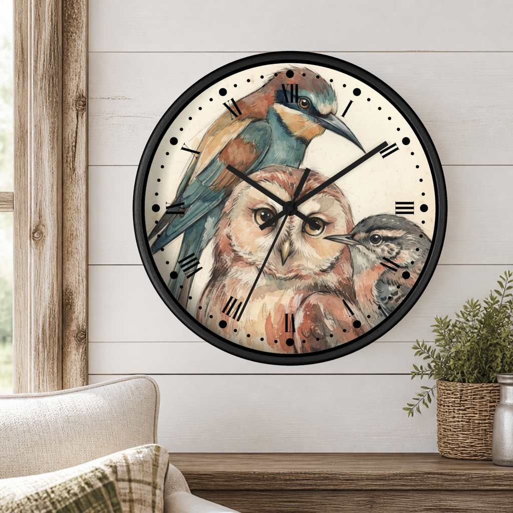A round wall clock with a black frame and bird illustration, mounted on a white shiplap wall above a wooden mantel with a small potted plant.