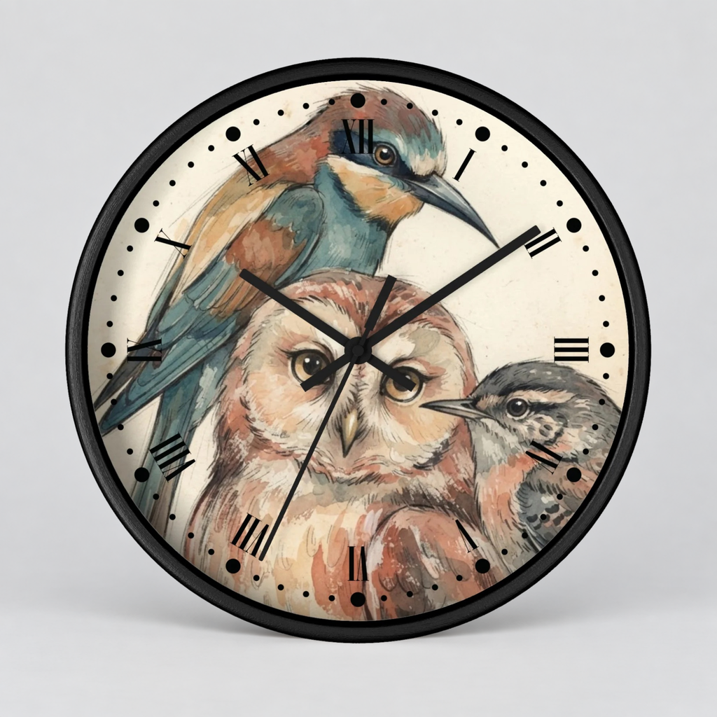 A round wall clock with a black frame and a printed bird illustration on the face, featuring a large owl in the center with a bluebird and another small bird around it. The clock has black Roman numerals and black hands on a light gray background.
