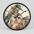 A round wall clock with a black frame and a printed bird illustration on the face, featuring a large owl in the center with a bluebird and another small bird around it. The clock has black Roman numerals and black hands on a light gray background.