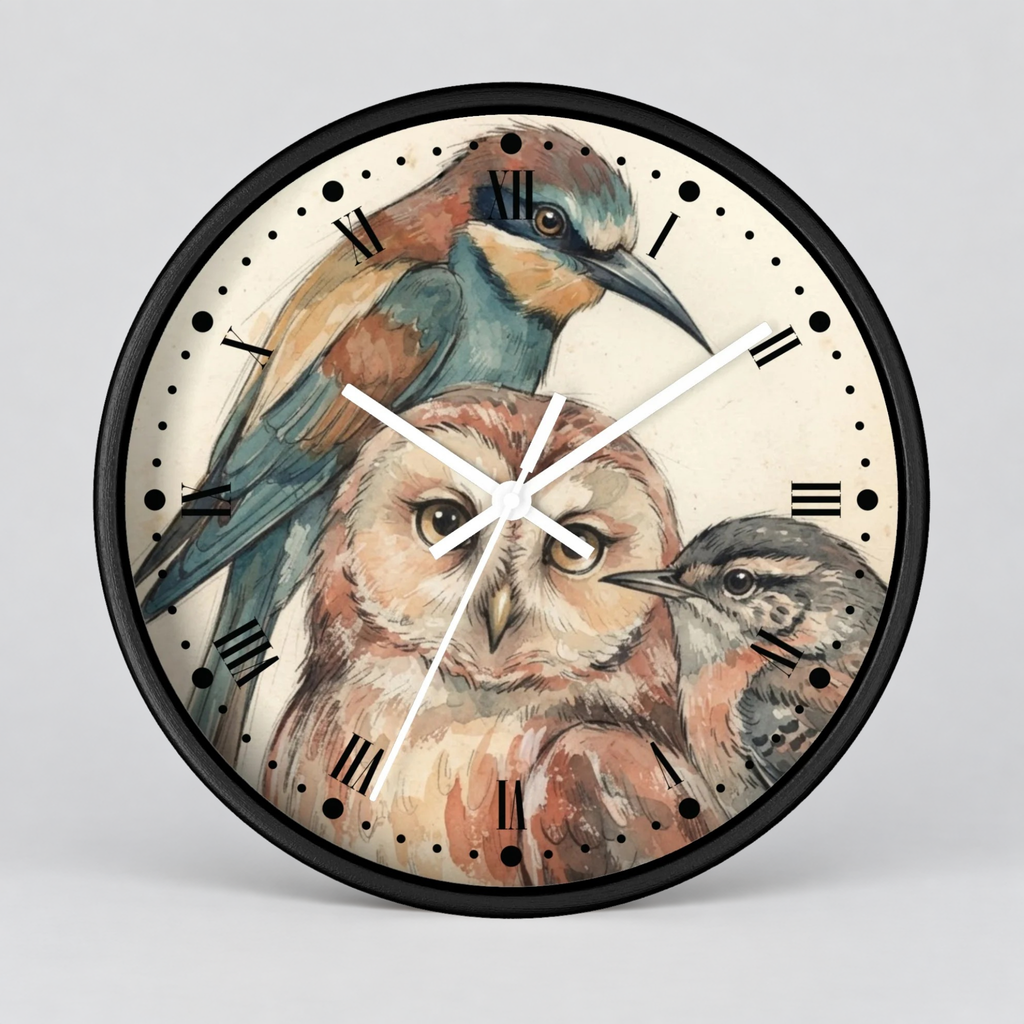 A round wall clock with a black frame and a printed bird illustration on the face, featuring a large bluebird, an owl, and a small bird in soft earthy tones with white clock hands and black Roman numerals.