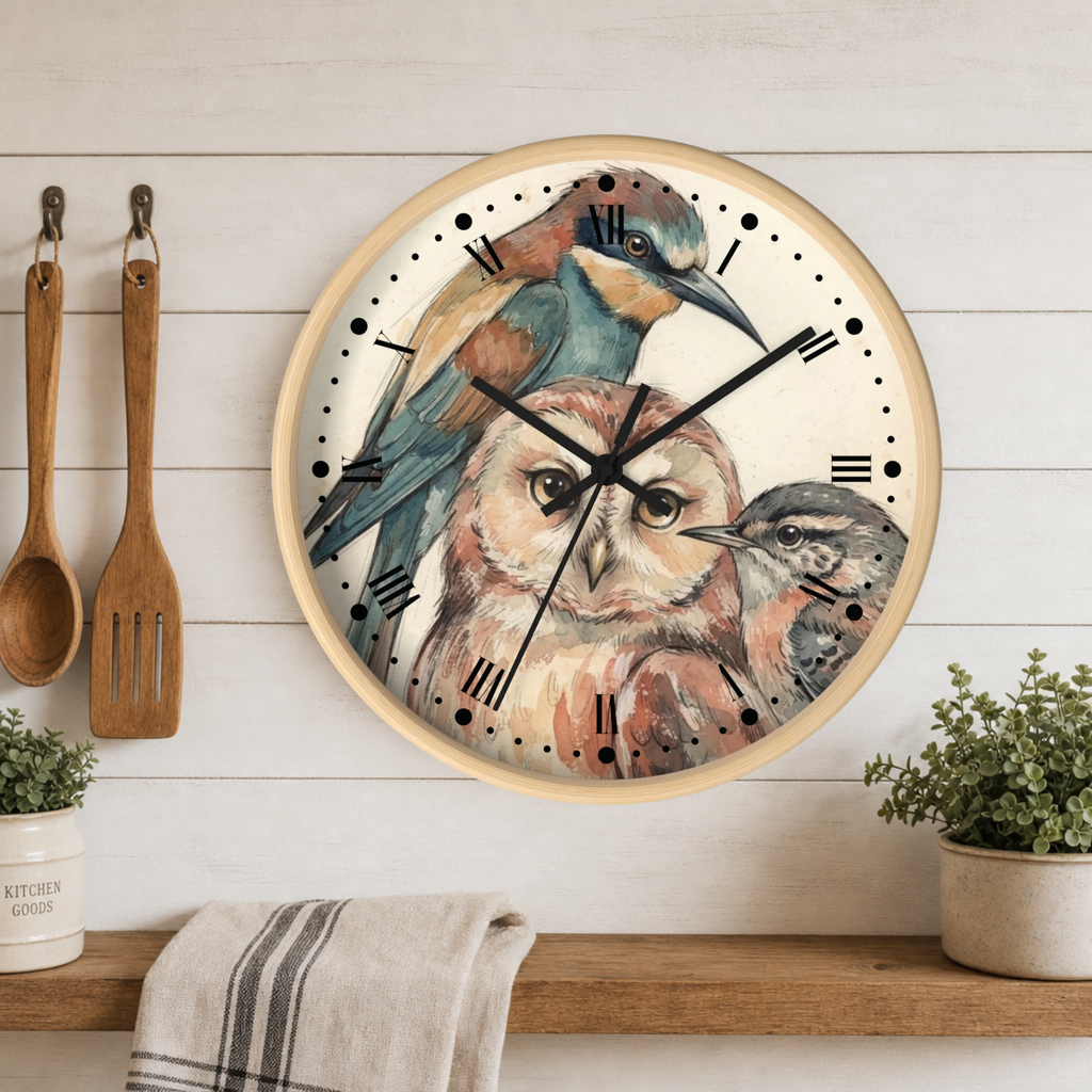Round wall clock with a natural wood frame and a detailed bird illustration featuring an owl, a kingfisher, and a small bird. The clock is mounted on a white wood-paneled wall above a wooden shelf with kitchen utensils, a towel, and potted plants.