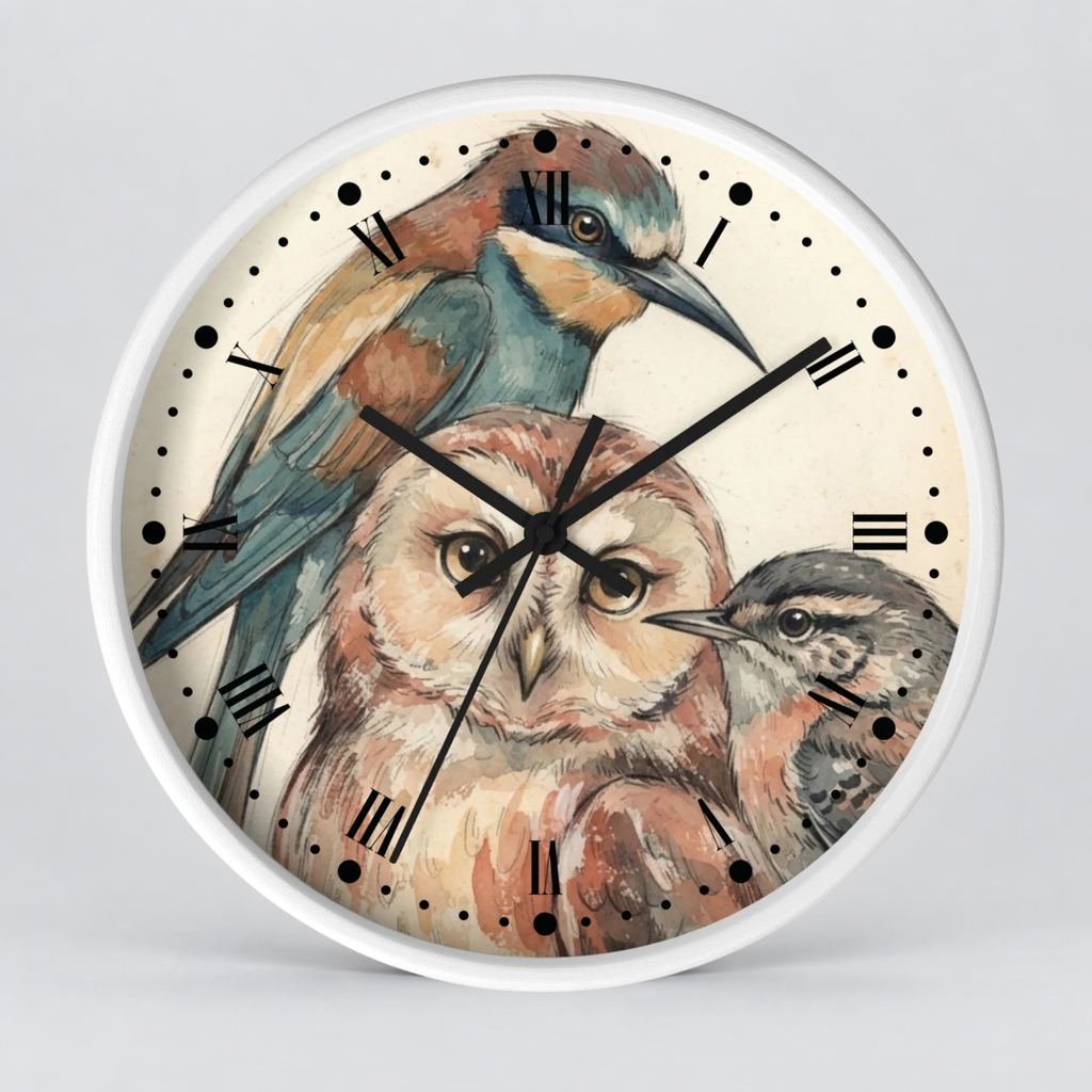Round wall clock with a white frame and a printed bird illustration on the face, featuring an owl in the center with a bluebird and another small bird around it. Black Roman numerals and black clock hands are visible against a light gray background.