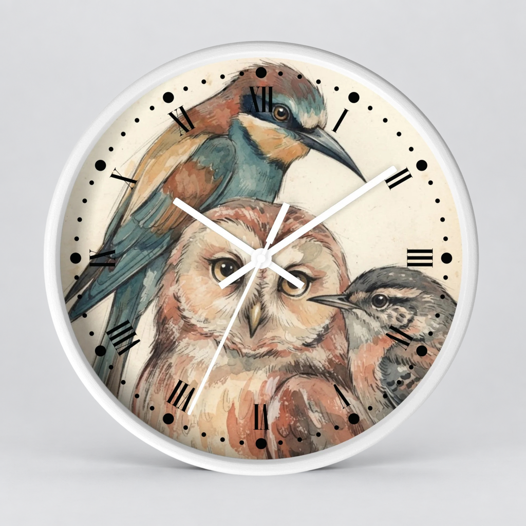 A round wall clock with a white frame and a bird illustration on the face, featuring a large owl in the center with a bluebird and another small bird above and beside it. The clock has black Roman numerals and white hands against a light gray background.