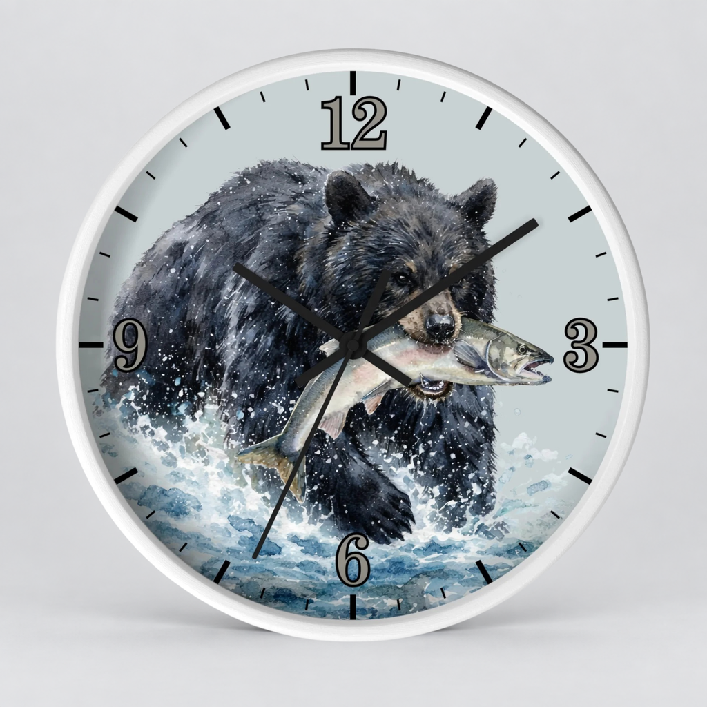 Round wall clock with a white frame and a printed design of a black bear carrying a salmon through splashing water, shown against a light gray background.
