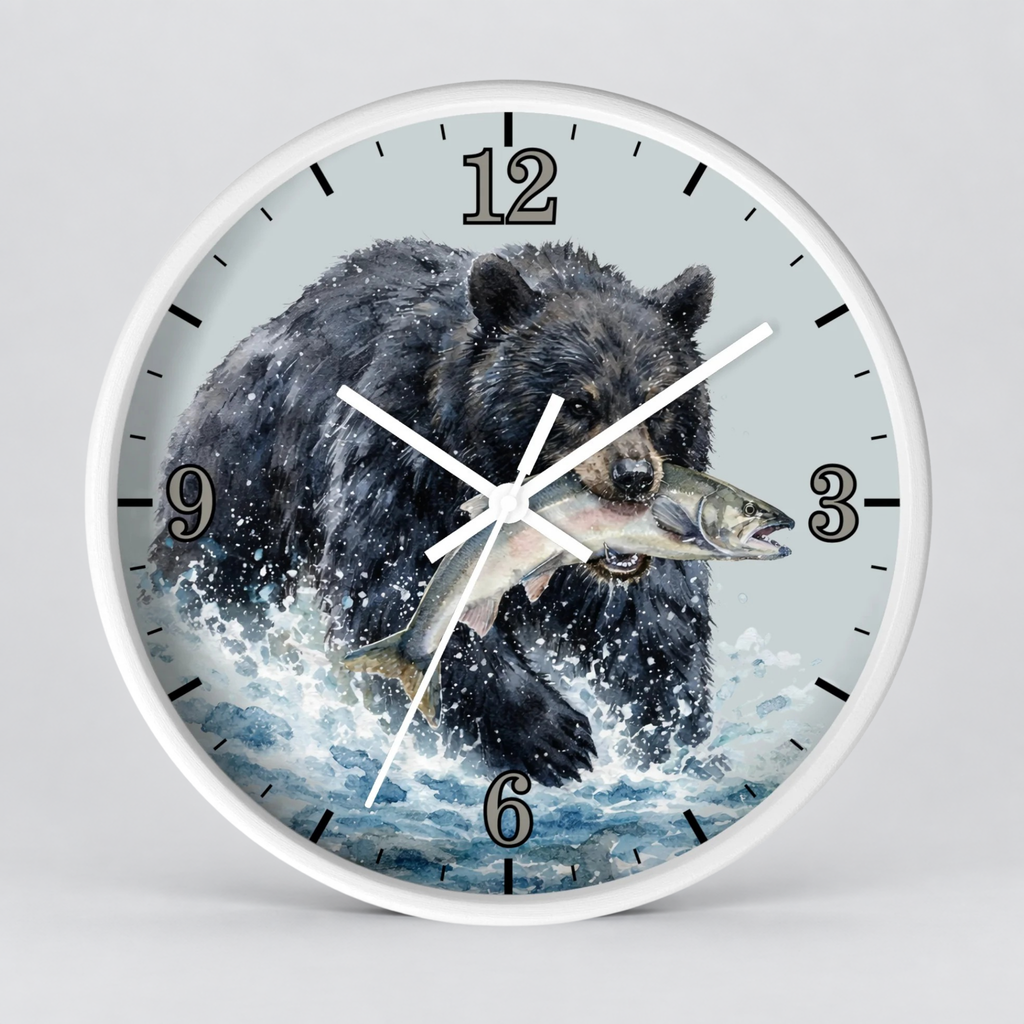 Round wall clock with a white frame and a printed illustration of a black bear holding a fish in splashing water, set against a light gray background.