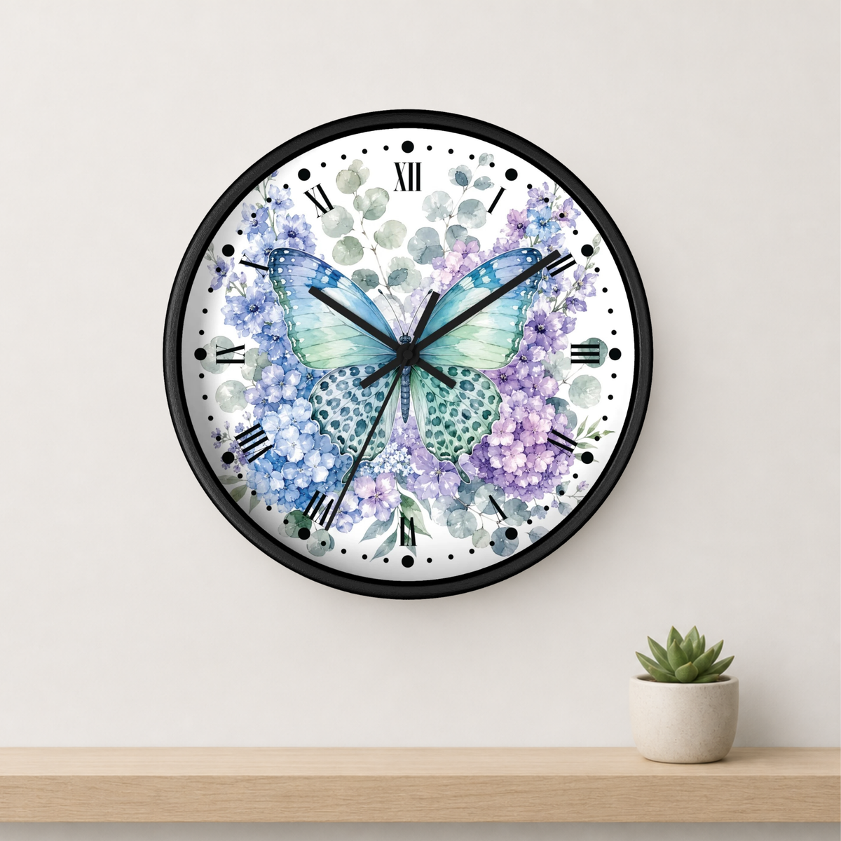 Watercolor Butterfly Hydrangea Wall Clock — Floral Decorative Home Decor