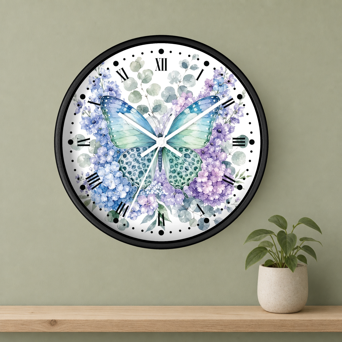 Watercolor Butterfly Hydrangea Wall Clock — Floral Decorative Home Decor
