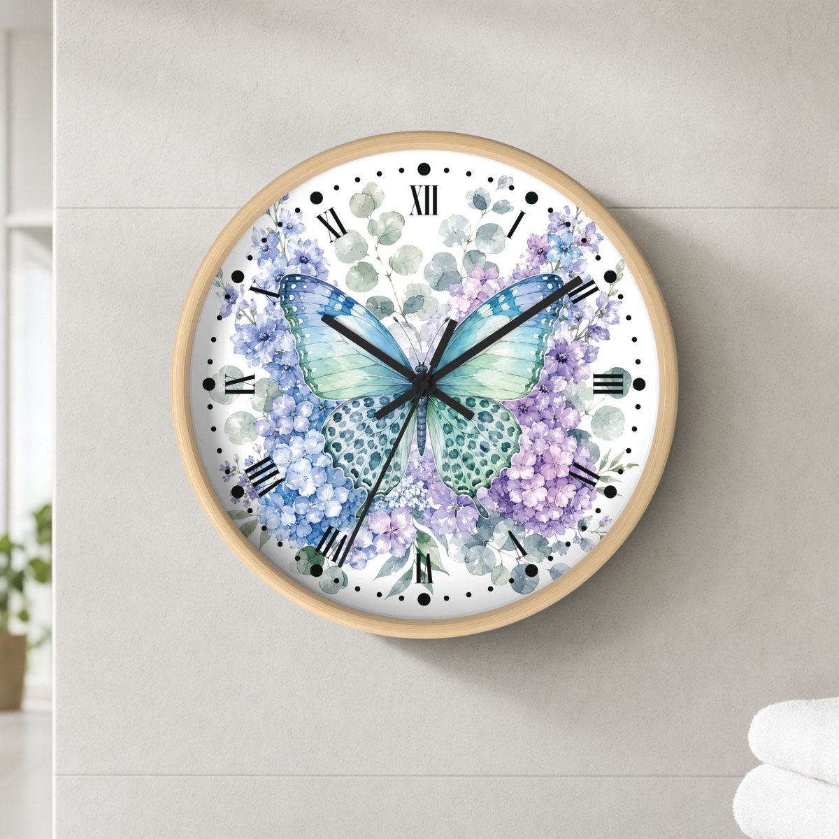 Watercolor Butterfly Hydrangea Wall Clock — Floral Decorative Home Decor