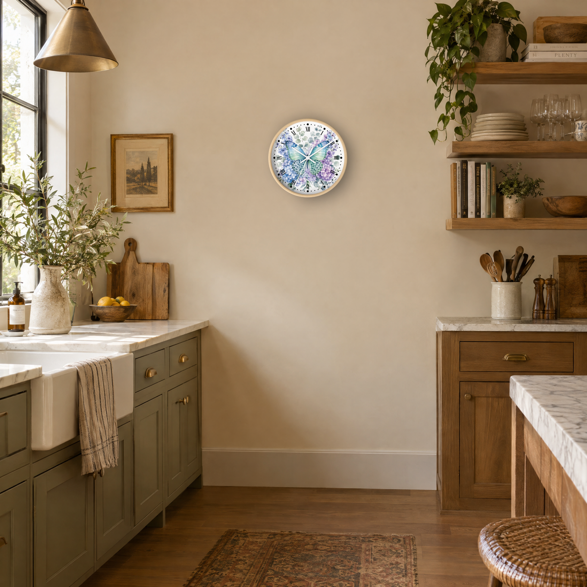 Watercolor Butterfly Hydrangea Wall Clock — Floral Decorative Home Decor