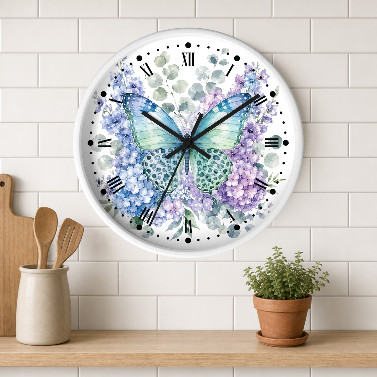 Watercolor Butterfly Hydrangea Wall Clock — Floral Decorative Home Decor