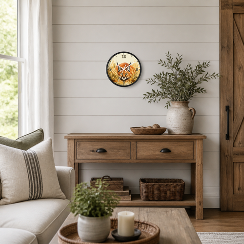 A round wall clock with a black frame and a detailed caracal cat illustration on the face, hanging on a white shiplap wall above a rustic wooden console table in a styled living room.