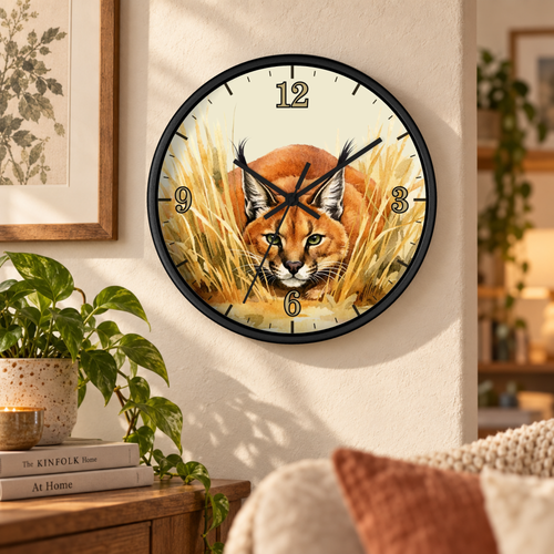 A round wall clock with a black frame and a printed illustration of a lynx cat in golden grass, mounted on a beige wall in a styled living room setting.