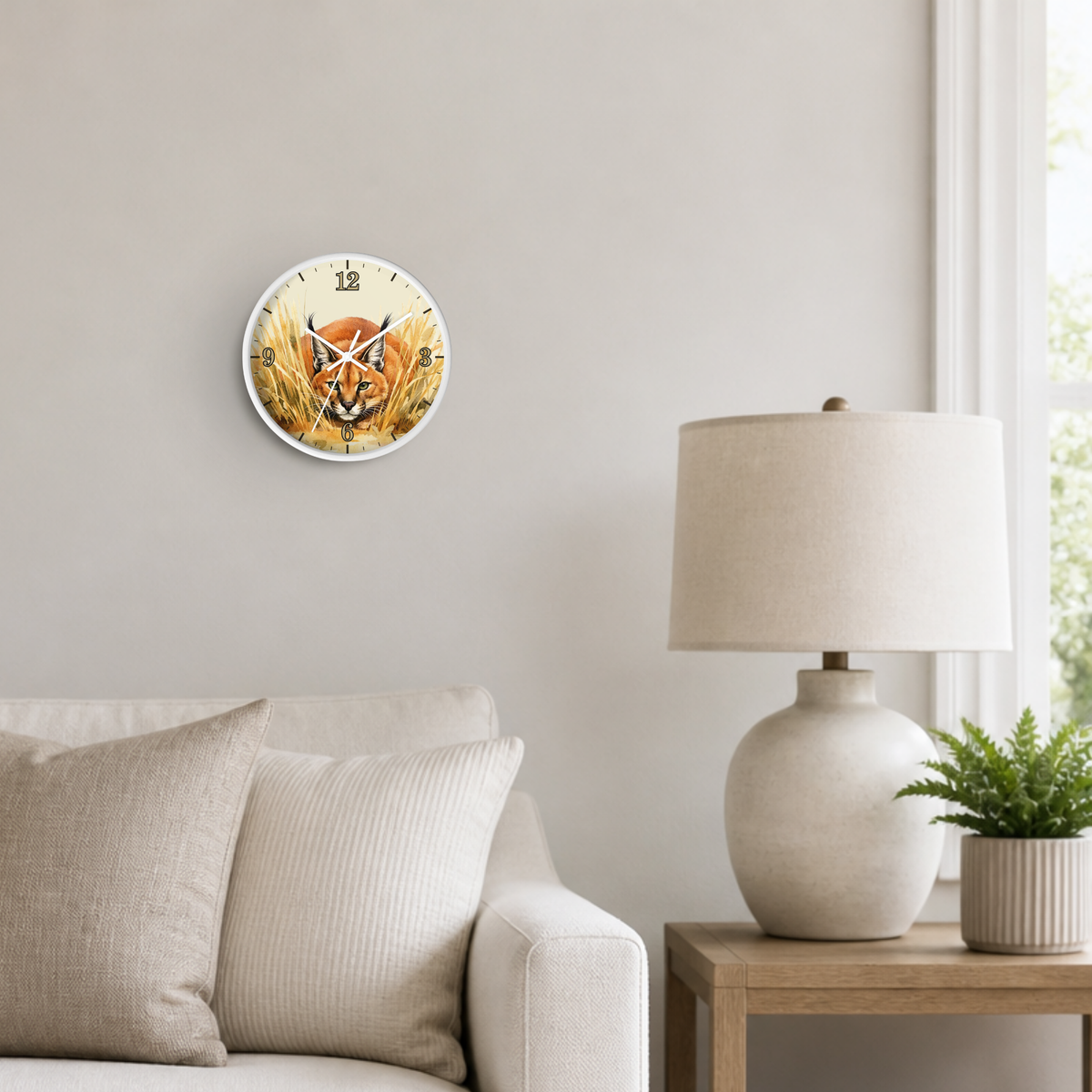 A round wall clock featuring a stylized caracal cat face surrounded by golden wheat, mounted on a light gray wall in a modern living room setting next to a lamp and sofa.