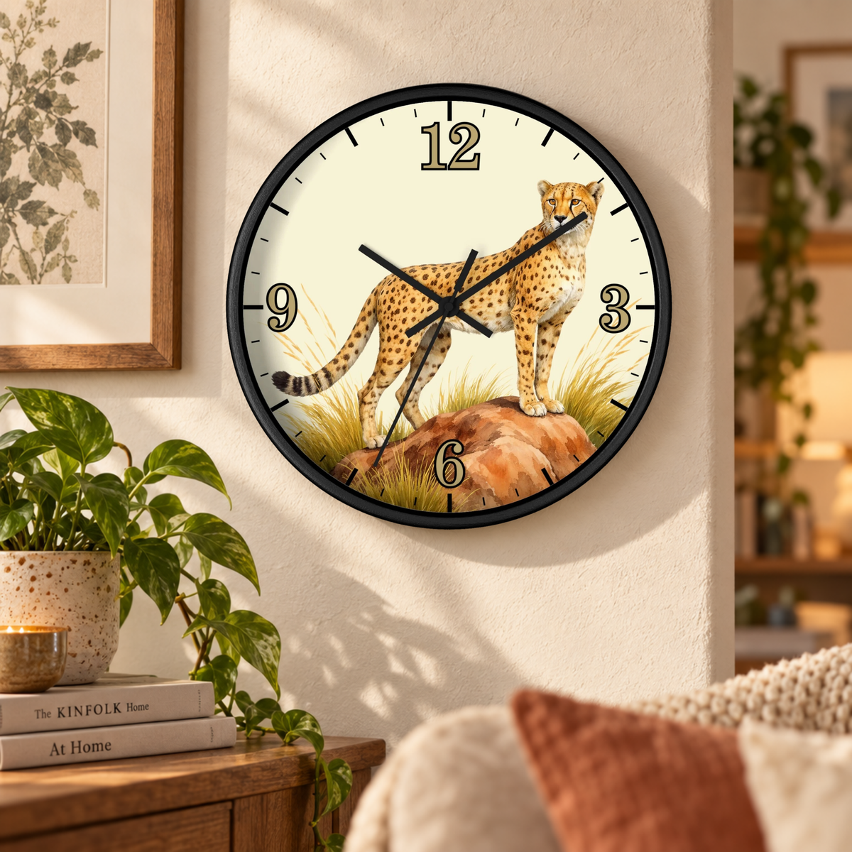 A round wall clock with a black frame and an illustrated cheetah on a rock at the center, mounted on a beige wall in a styled living room with a plant, framed print, and sofa visible.