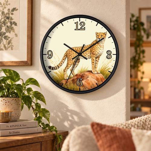 A round wall clock with a black frame and an illustrated cheetah on a rock at the center, mounted on a beige wall in a styled living room with a plant, framed print, and sofa visible.