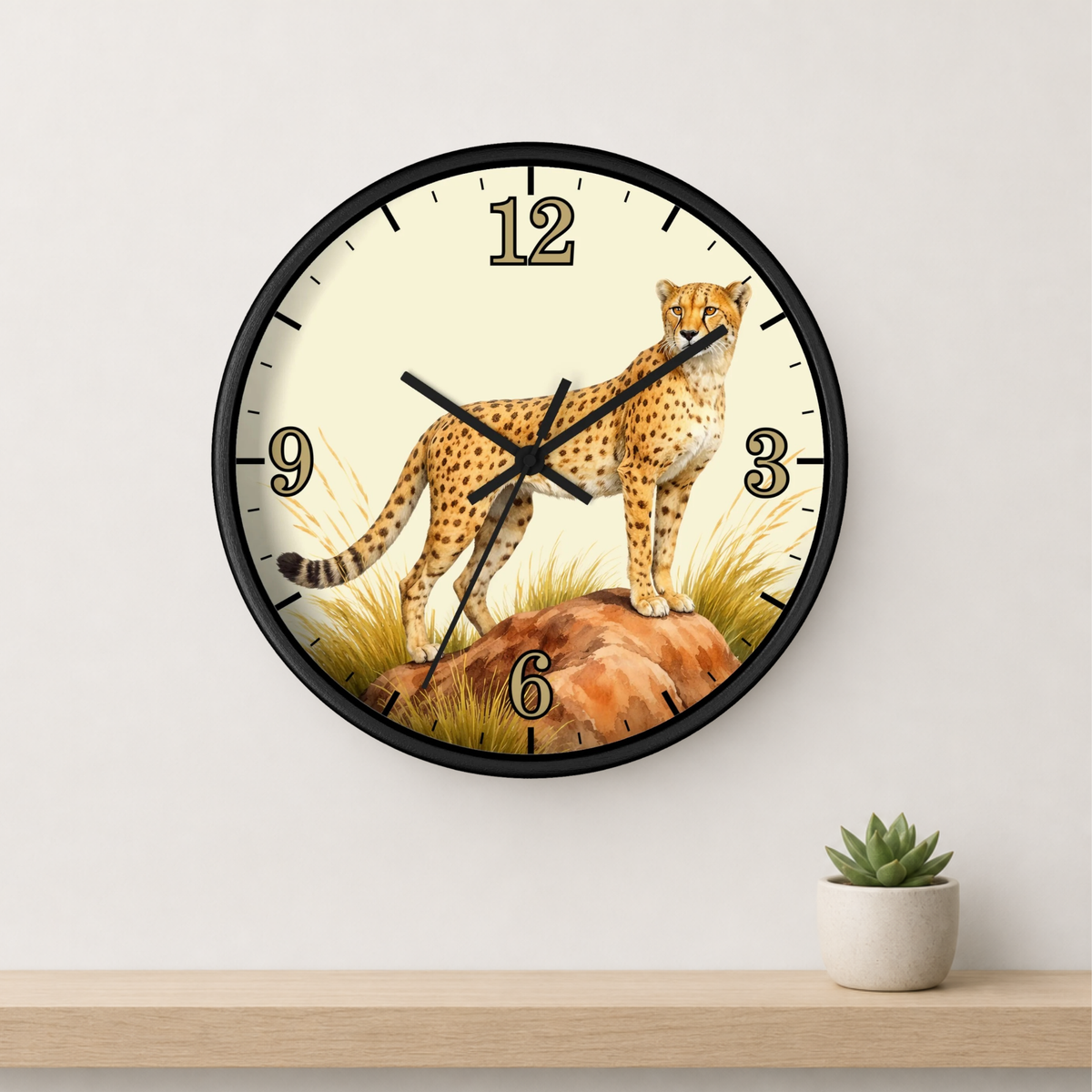 A round wall clock with a black frame and a safari-themed face featuring a cheetah standing on grass and rocks. The clock is mounted on a light gray wall above a wooden shelf with a small potted succulent.