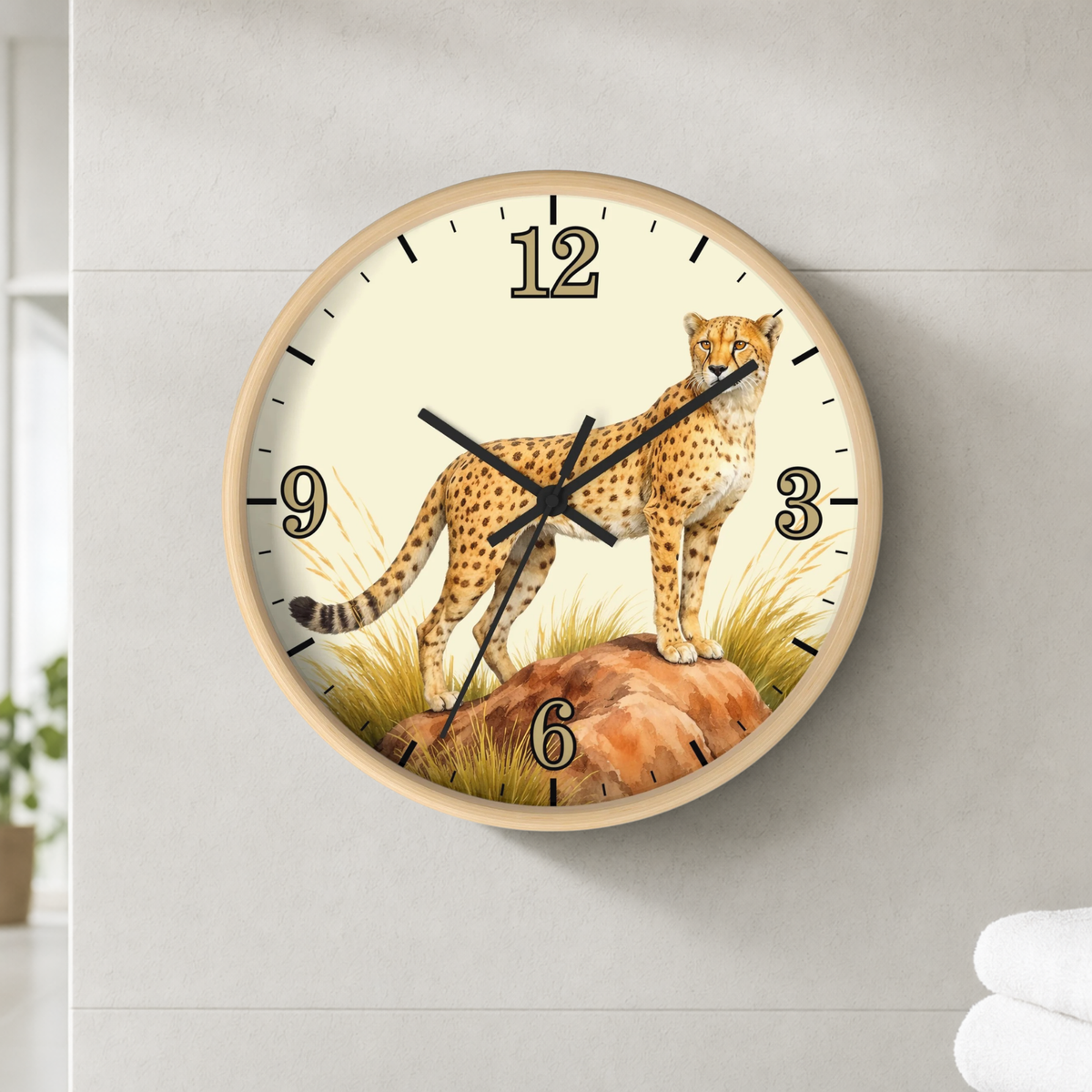 A round wall clock with a light wood frame and a cream dial, featuring a painted cheetah standing on rocks with grass. The clock is mounted on a light gray wall.