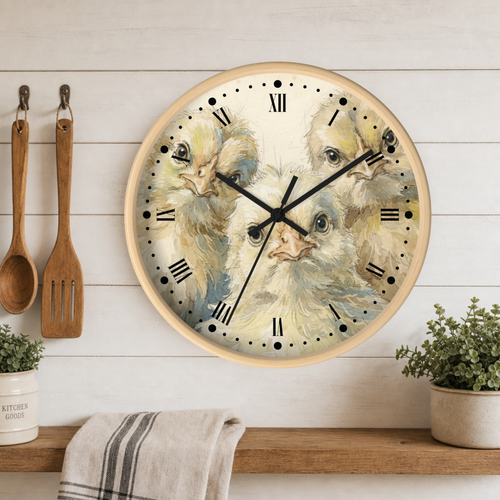 A round wall clock with a light wood frame and a printed design of three fluffy yellow chicks on the face, mounted on a white wood-paneled wall above a wooden shelf with kitchen utensils and plants.