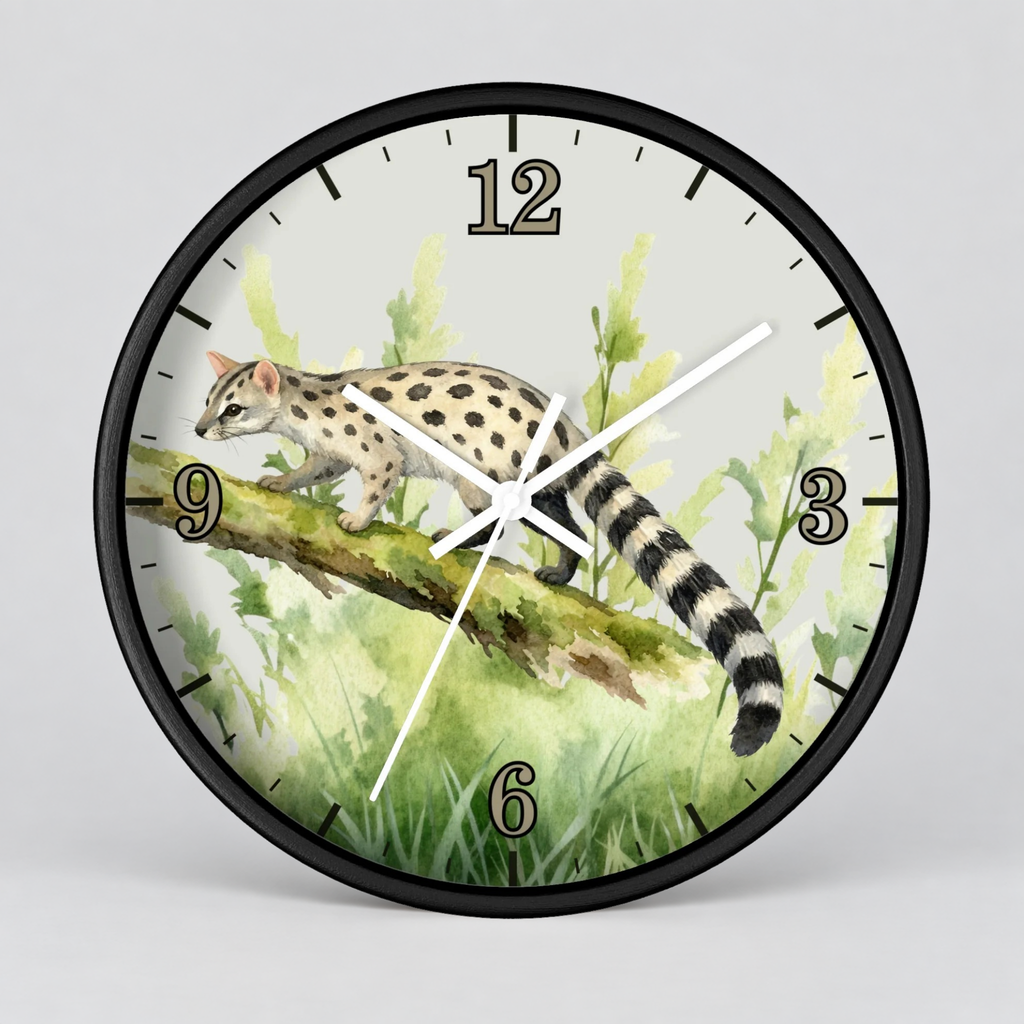 A round wall clock with a black frame and a printed illustration of a spotted cat walking along a branch in a green watercolor-style scene. The clock face has black Arabic numerals and white hands, shown against a light gray background.