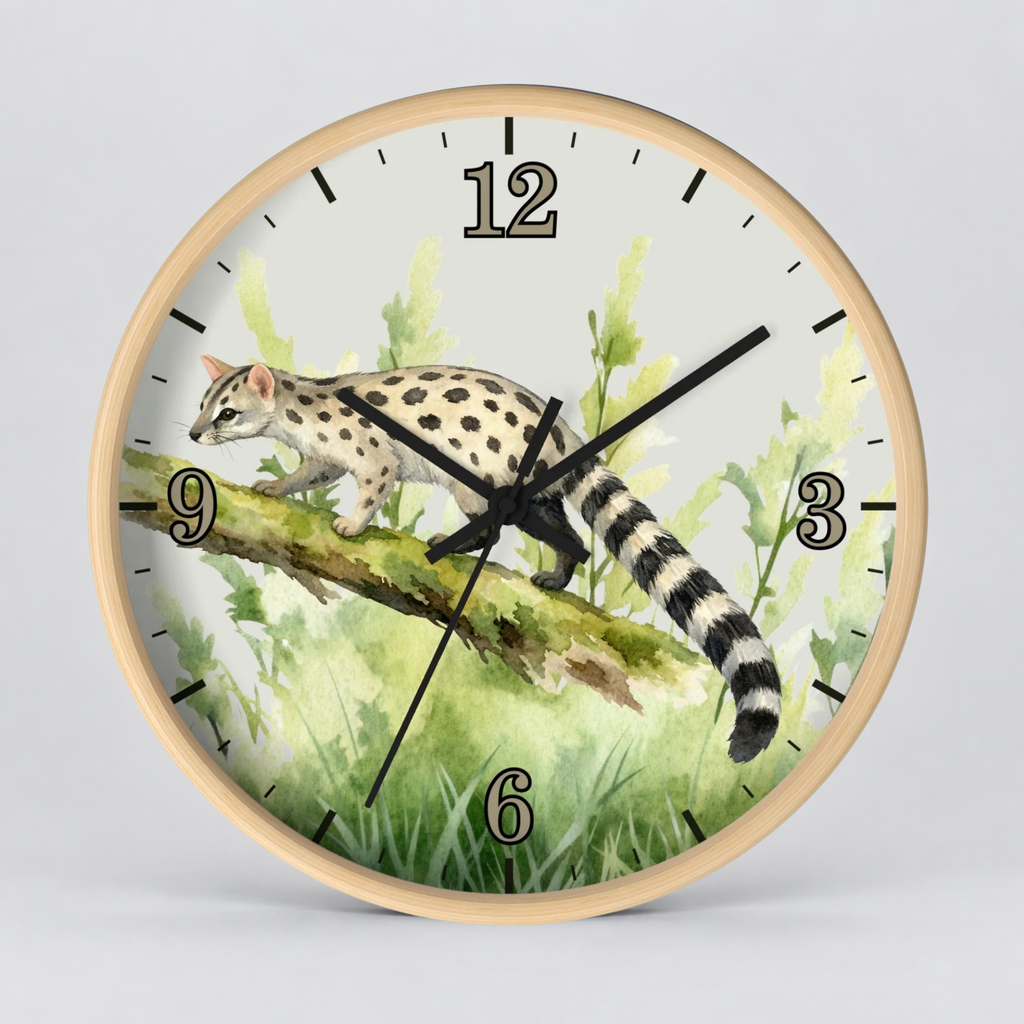 A round wall clock with a light wood frame and a printed watercolor-style animal illustration on the face. The design shows a spotted cat walking across a branch in green foliage, with black numerals and black clock hands.