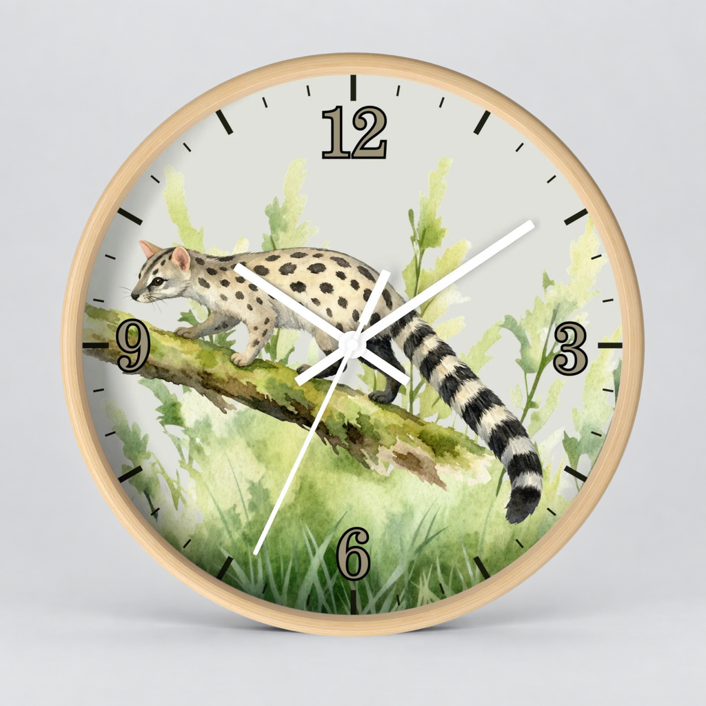 Round wall clock with a light wood frame and a printed watercolor-style animal illustration on the face. The design shows a spotted cat walking on a branch among green plants, with black Arabic numerals and white clock hands on a light gray background.