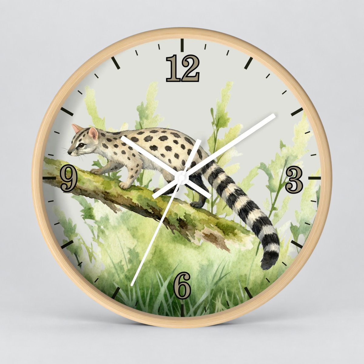 Round wall clock with a light wood frame and a printed watercolor-style animal illustration on the face. The design shows a spotted cat walking on a branch among green plants, with black Arabic numerals and white clock hands on a light gray background.