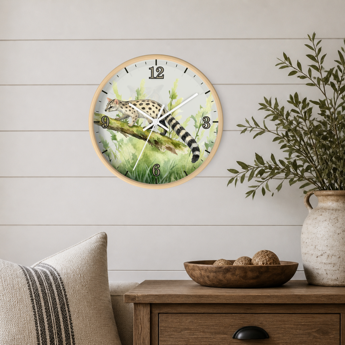 Common Genet Wall Clock — Watercolor Wildlife Decor