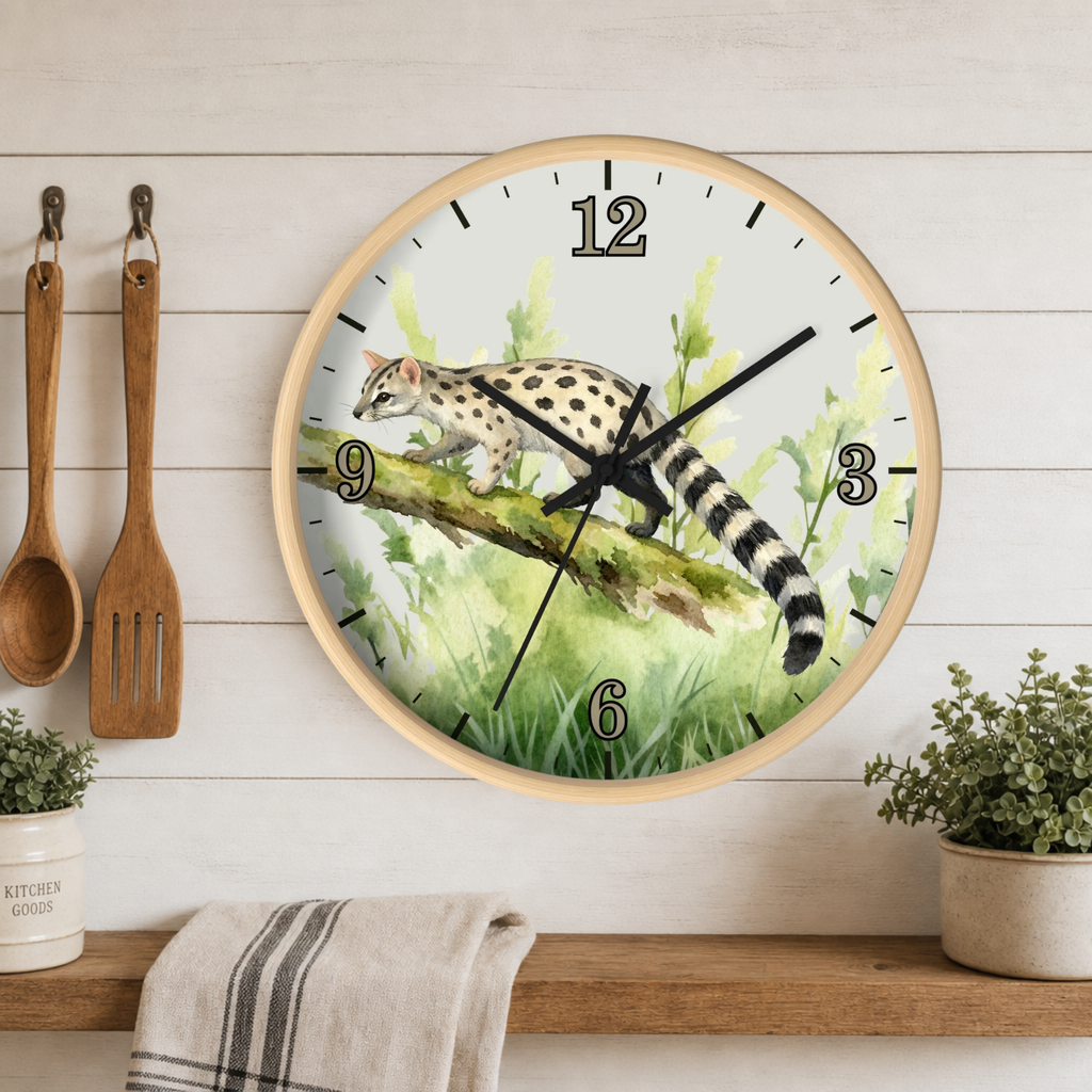 A round wall clock with a light wood frame hangs on a white wood-paneled wall above a wooden shelf. The clock face features a watercolor-style illustration of a spotted big cat walking along a branch in green foliage, with black Arabic numerals and black clock hands.