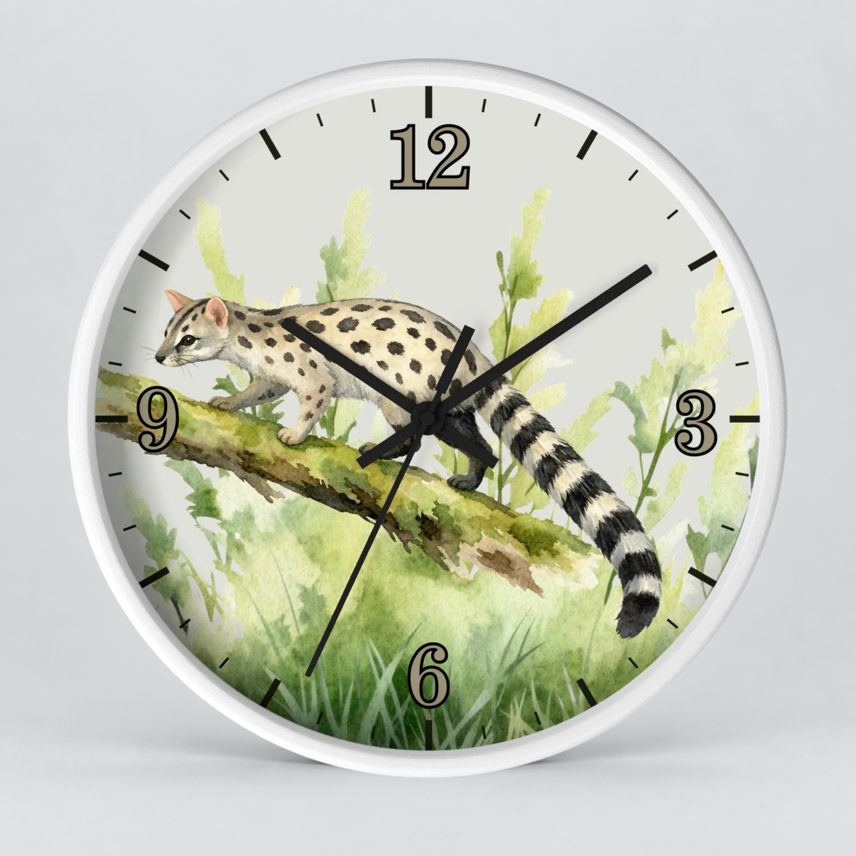 A round wall clock with a white frame and a printed animal illustration on the face. The artwork shows a spotted cat walking across a branch in green foliage, with black Arabic numerals and black clock hands.