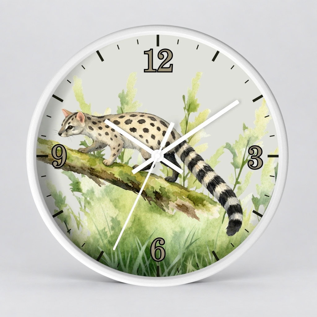 A round wall clock with a white frame and a printed watercolor-style illustration of a spotted cat walking along a branch in green grass, with black Arabic numerals and white clock hands on a light gray background.