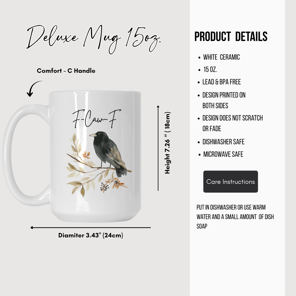 White ceramic mug with bird design, measurements, and product details on a white background