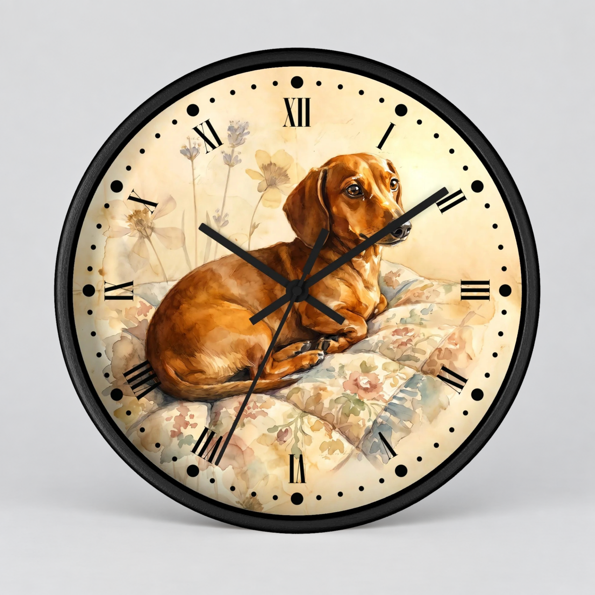A round wall clock with a black frame and a printed illustration of a brown dachshund lying on a floral quilt, with black Roman numerals and hands on a light cream background.