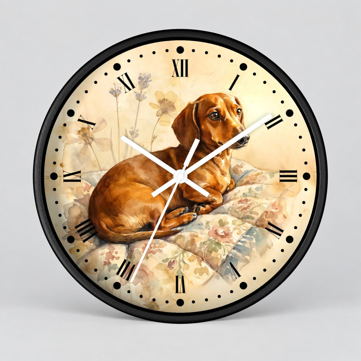 Watercolor Dachshund Wall Clock — Vintage Dog Portrait Decor