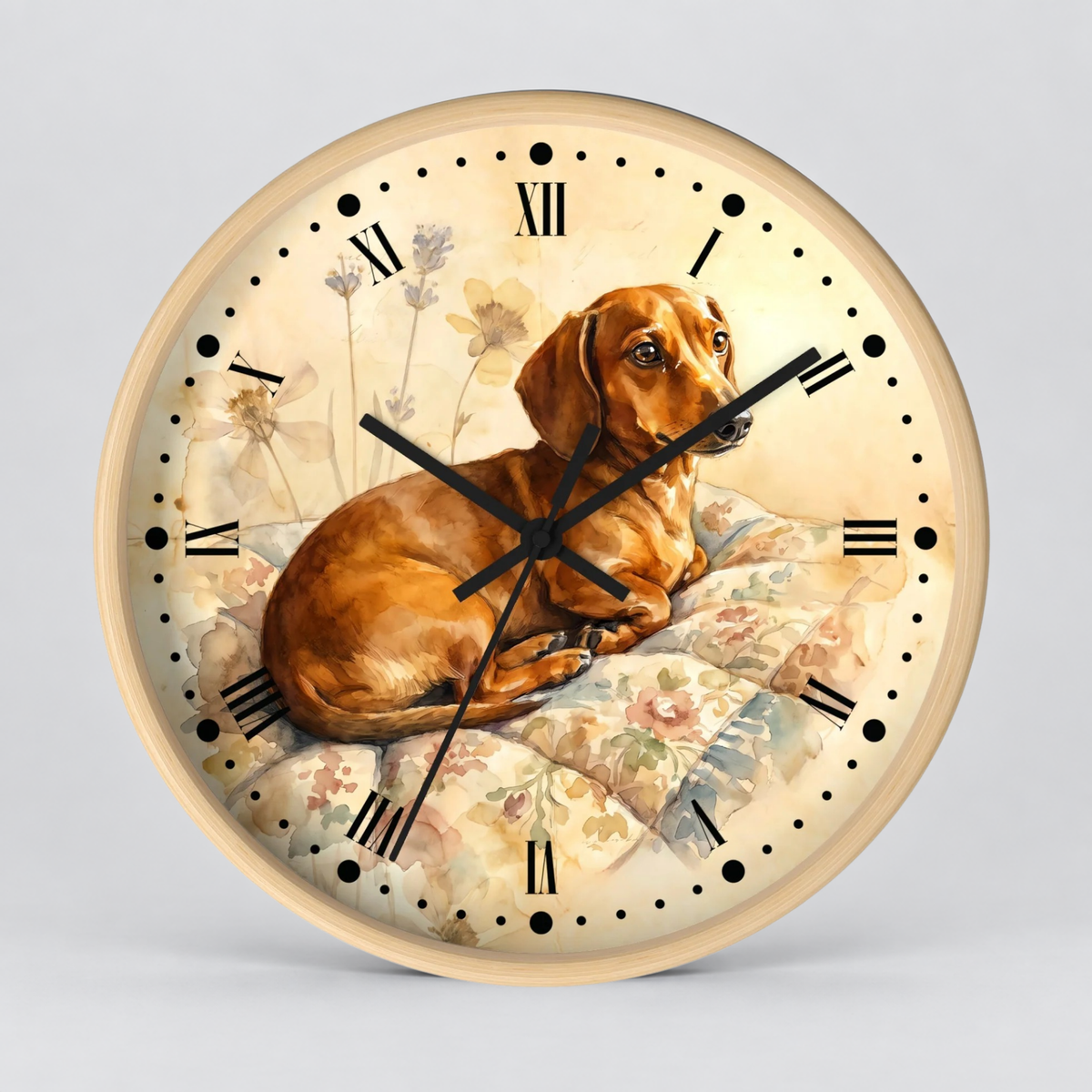 Round wall clock with a light wood frame and a printed dial featuring a brown dachshund lying on a floral cushion. The clock has black Roman numerals, black hour and minute hands, and black second hands, shown against a light gray background.