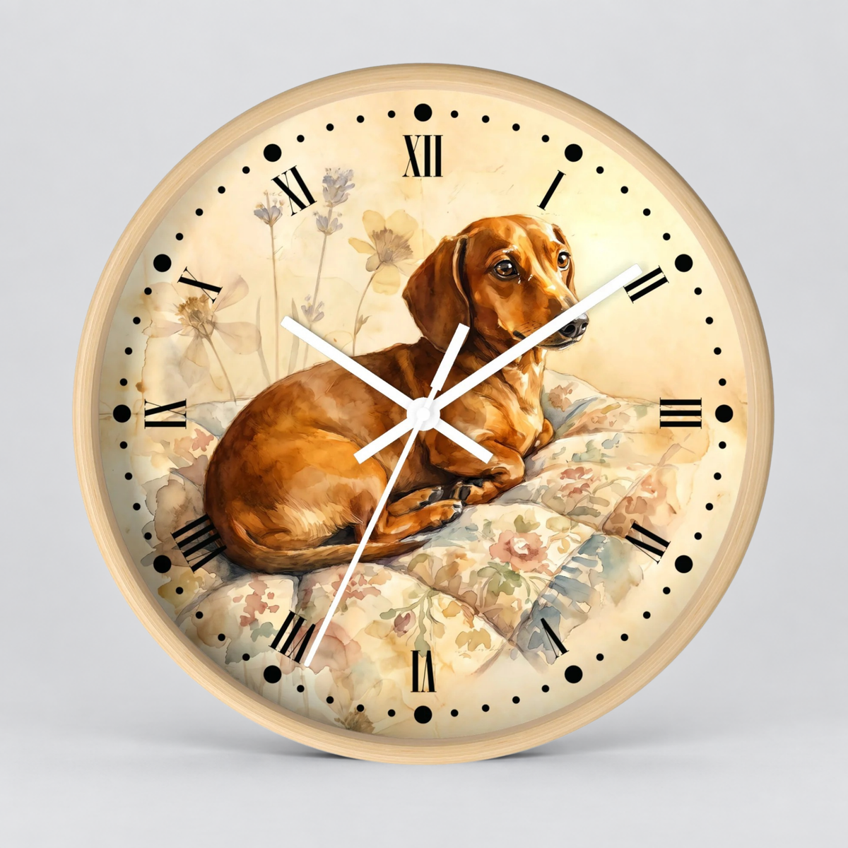 Watercolor Dachshund Wall Clock — Vintage Dog Portrait Decor