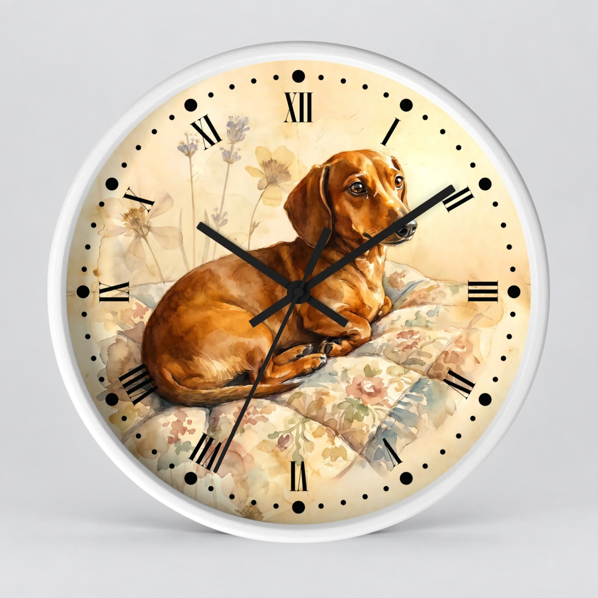 Watercolor Dachshund Wall Clock — Vintage Dog Portrait Decor