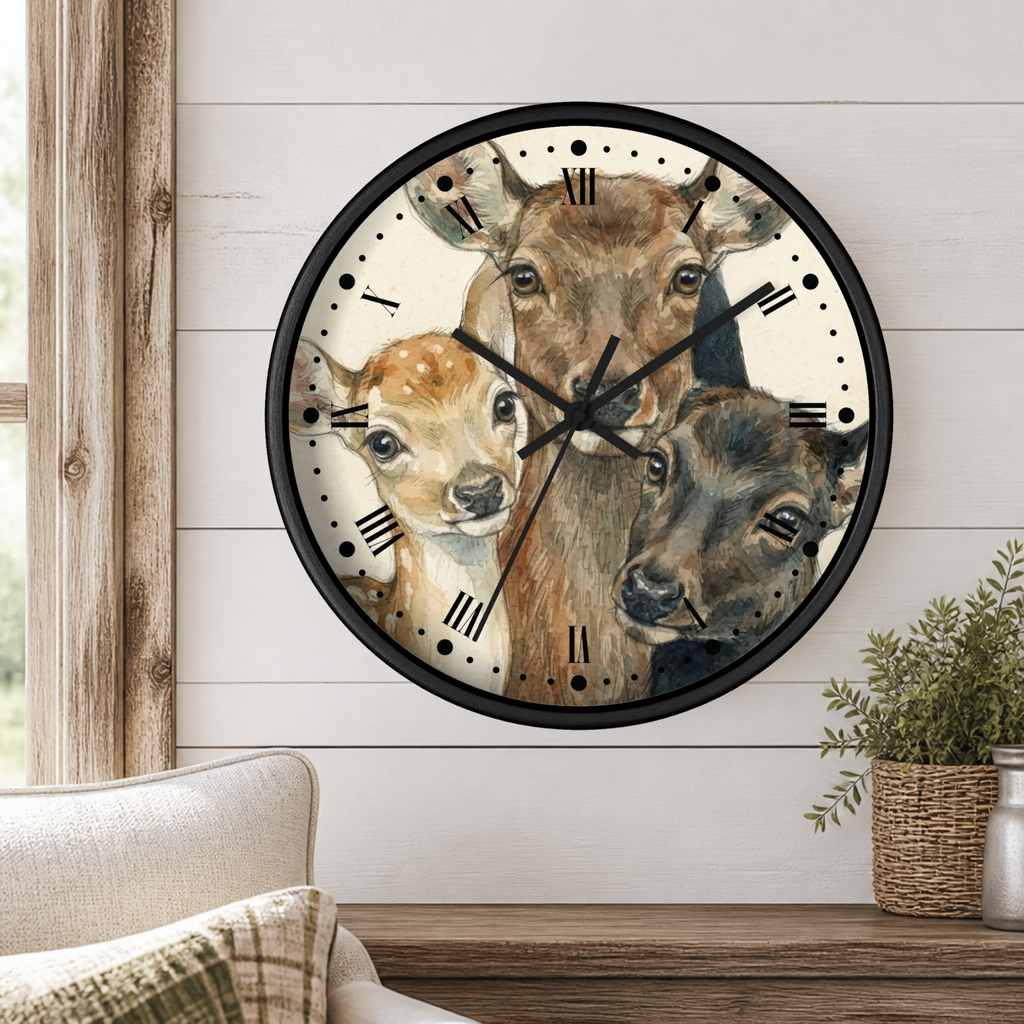 A round wall clock with a black frame and a watercolor-style illustration of three deer heads on the face, mounted on a white shiplap wall above a wooden mantel with a small plant and part of a sofa visible.