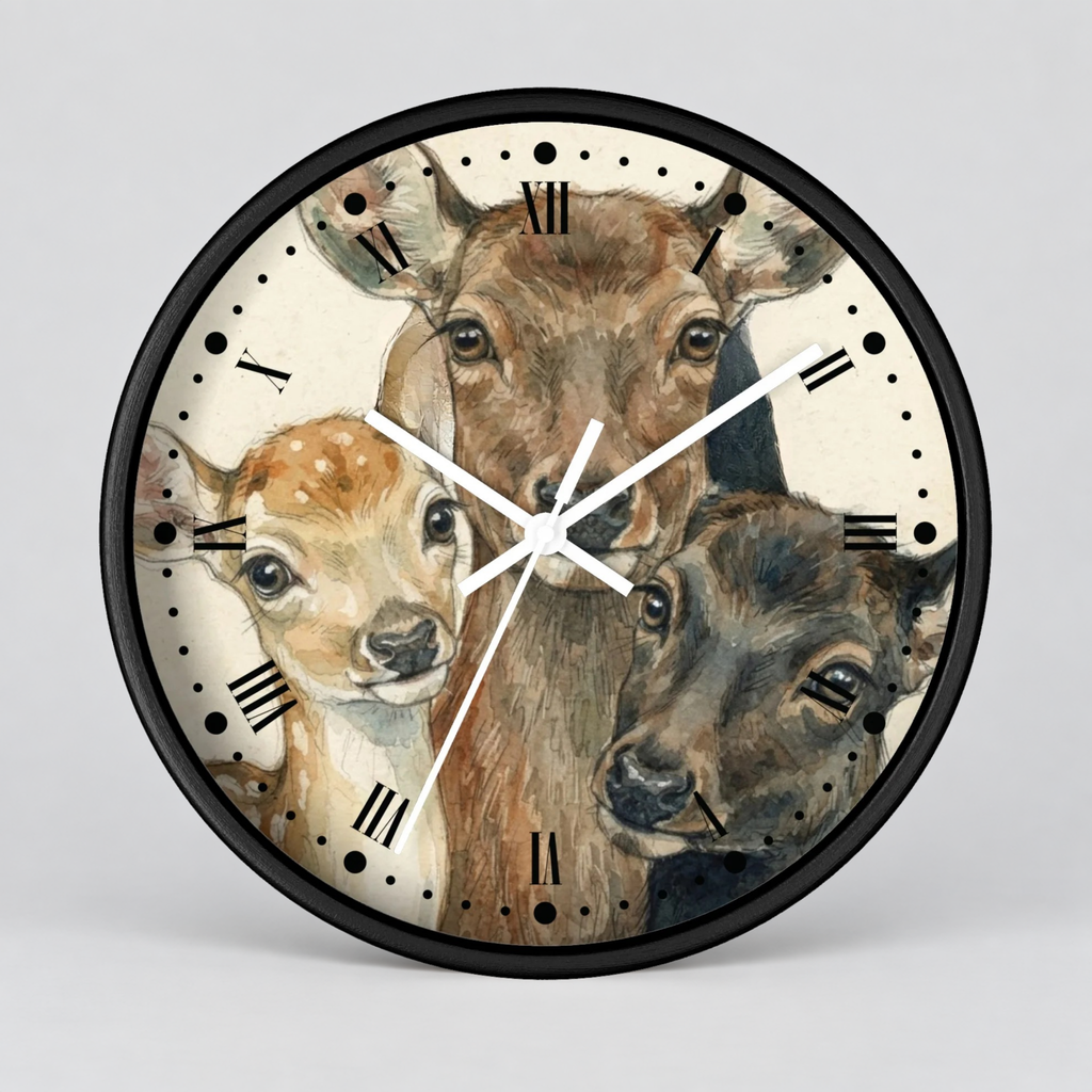 A round wall clock with a black frame and a printed illustration of three deer heads on the face. The clock has black Roman numeral hour markers, white hands, and is photographed against a light gray studio background.